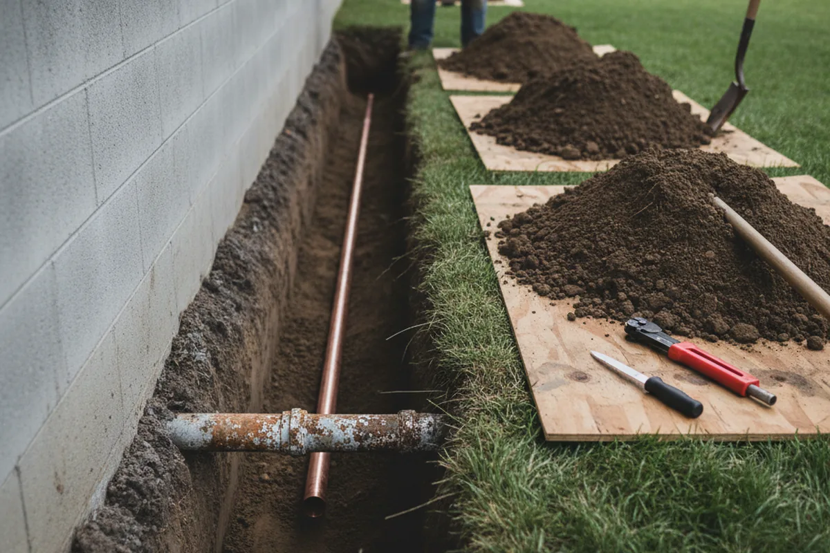Excavated water line trench during Water Heater Repair in Estero